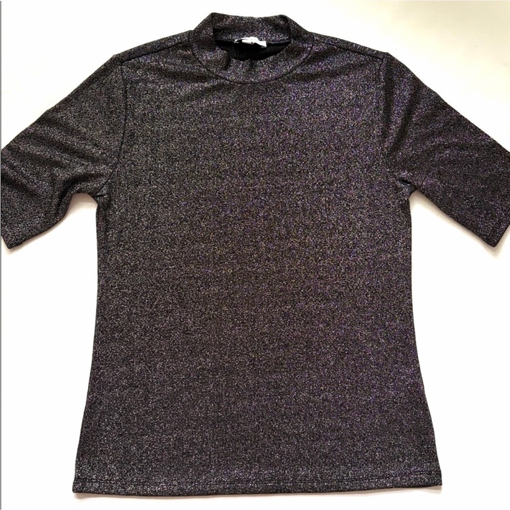 Skinnygirl Top Knit Metalic Mock Neck Short Sleeve Black Silver size Medium - Picture 5 of 11